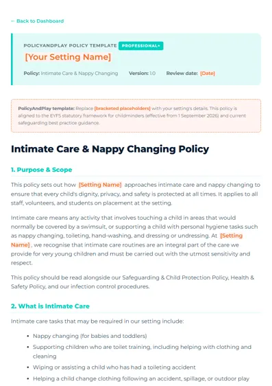 First page of Intimate Care & Nappy Changing Policy
