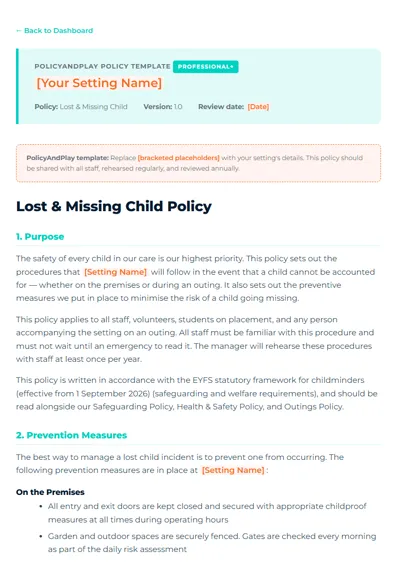 First page of Lost & Missing Child Policy