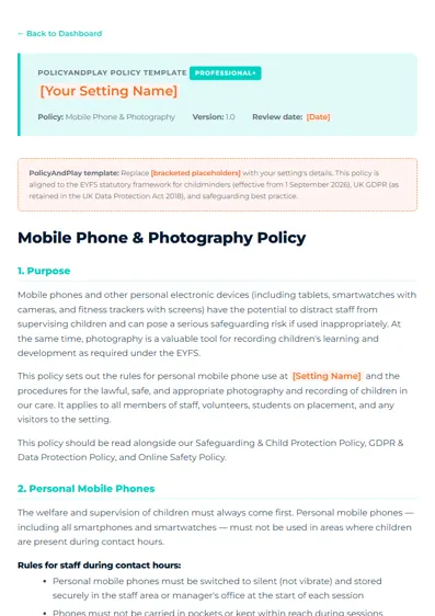 First page of Mobile Phone & Photography Policy
