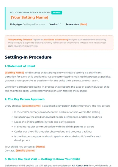 First page of Settling-In Procedure