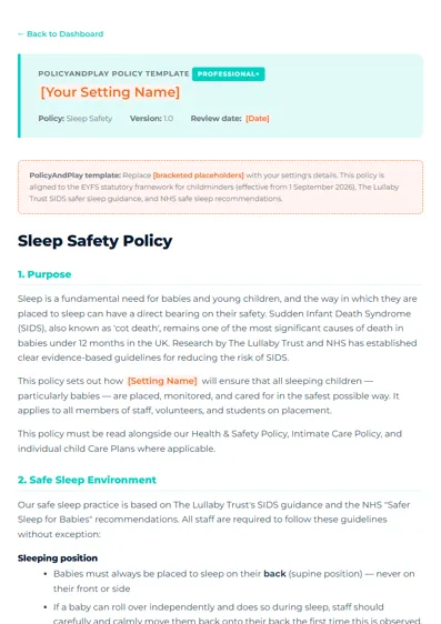 First page of Sleep Safety Policy