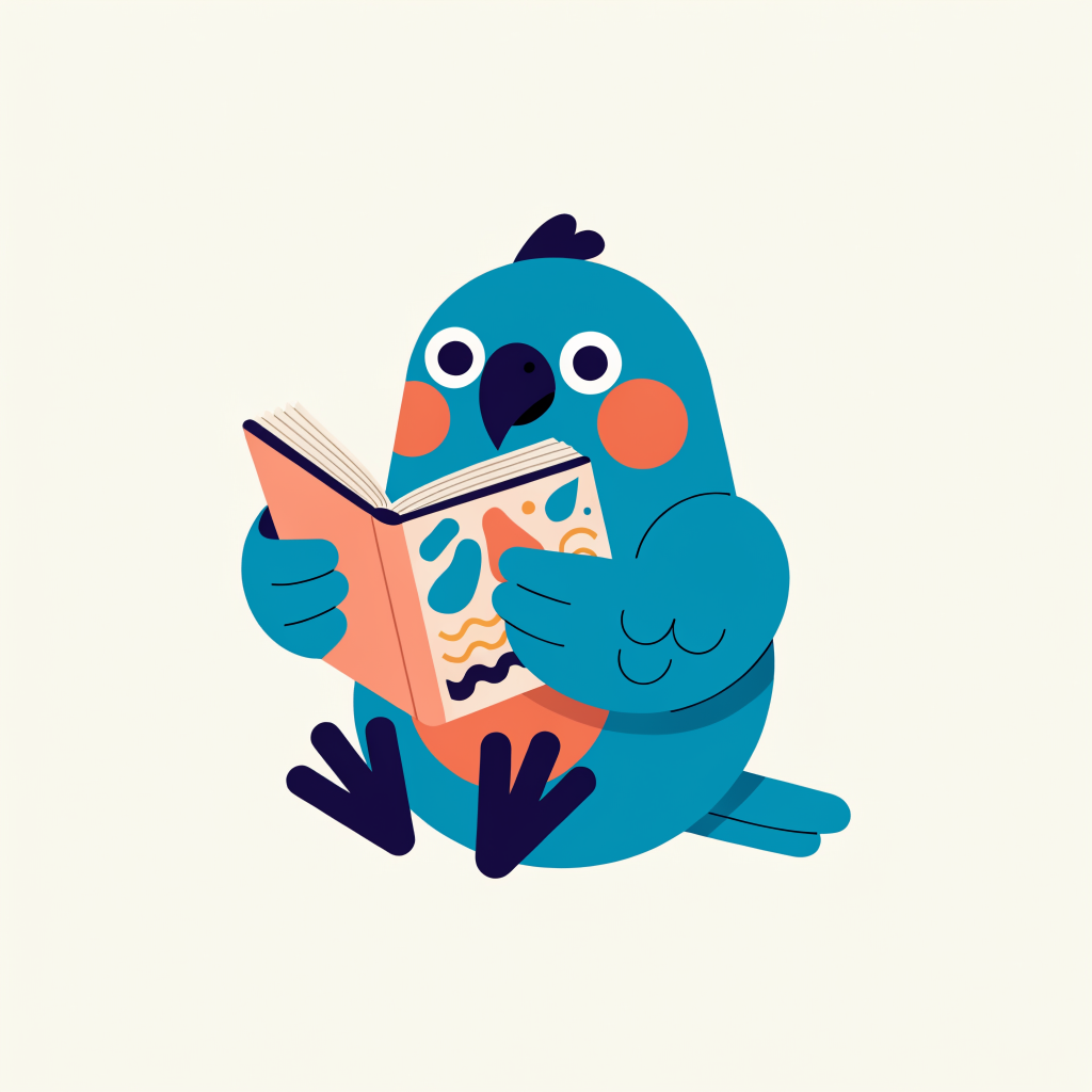 Polly the parrot reading a book